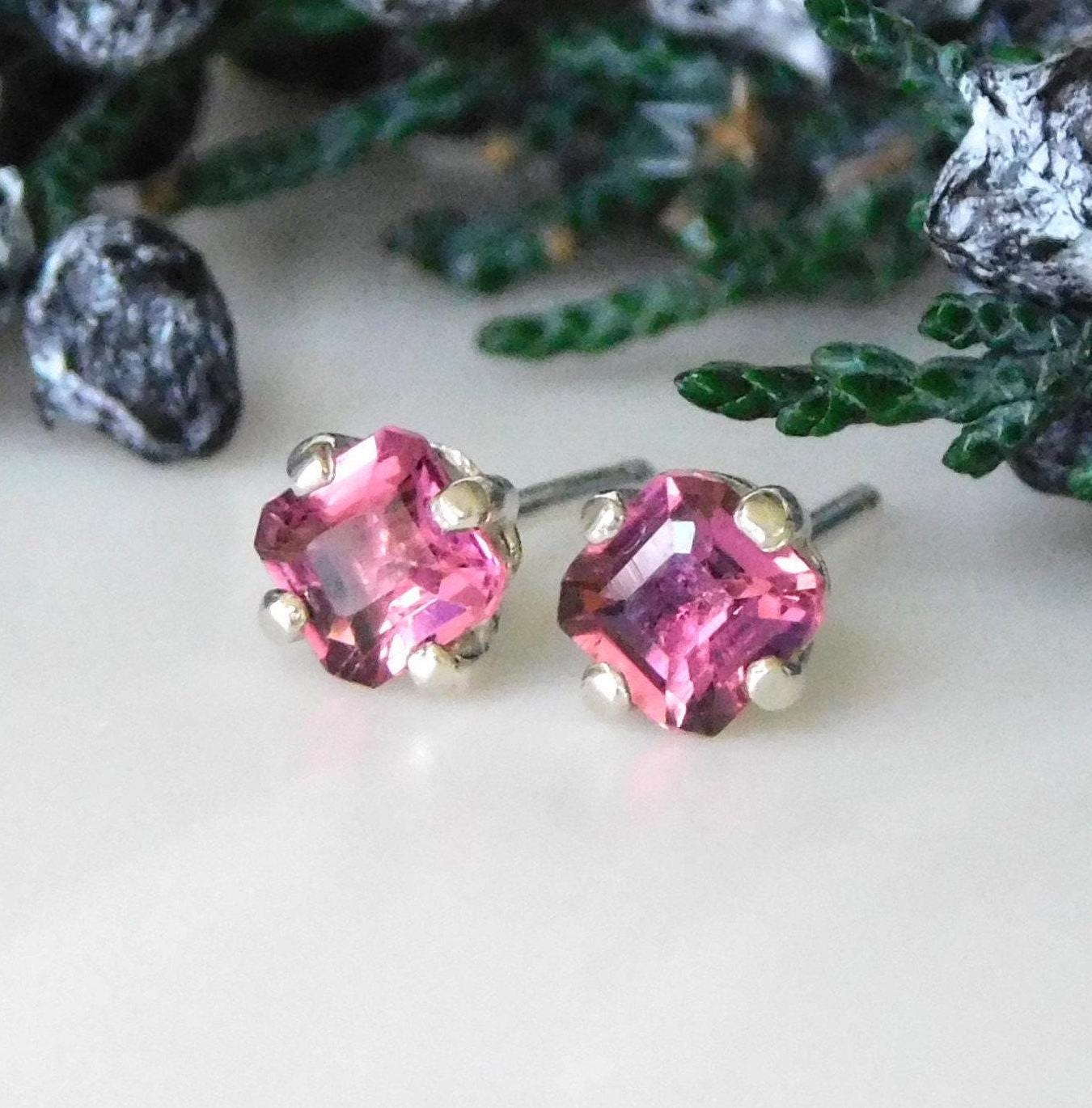 Natural Pink Tourmaline 4mm Stud Earrings: Second Hole Studs, Sterling Silver, October Birthstone