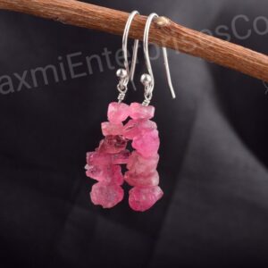 Natural Raw pink tourmaline Earring in 925 Sterling Silver, Rough Gemstone Earring, handmade, Natural Stone, Birthstone Jewelry, Gift Her