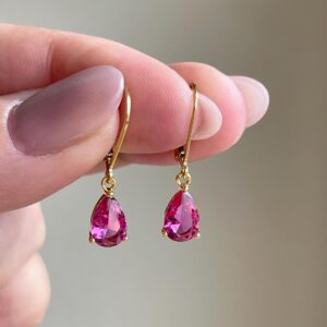 Pink Tourmaline Earrings, October Birthstone, Tiny Hot Pink Teardrop Earrings in Gold or Silver, Pear Drop Fuchsia Small Jewelry for Women