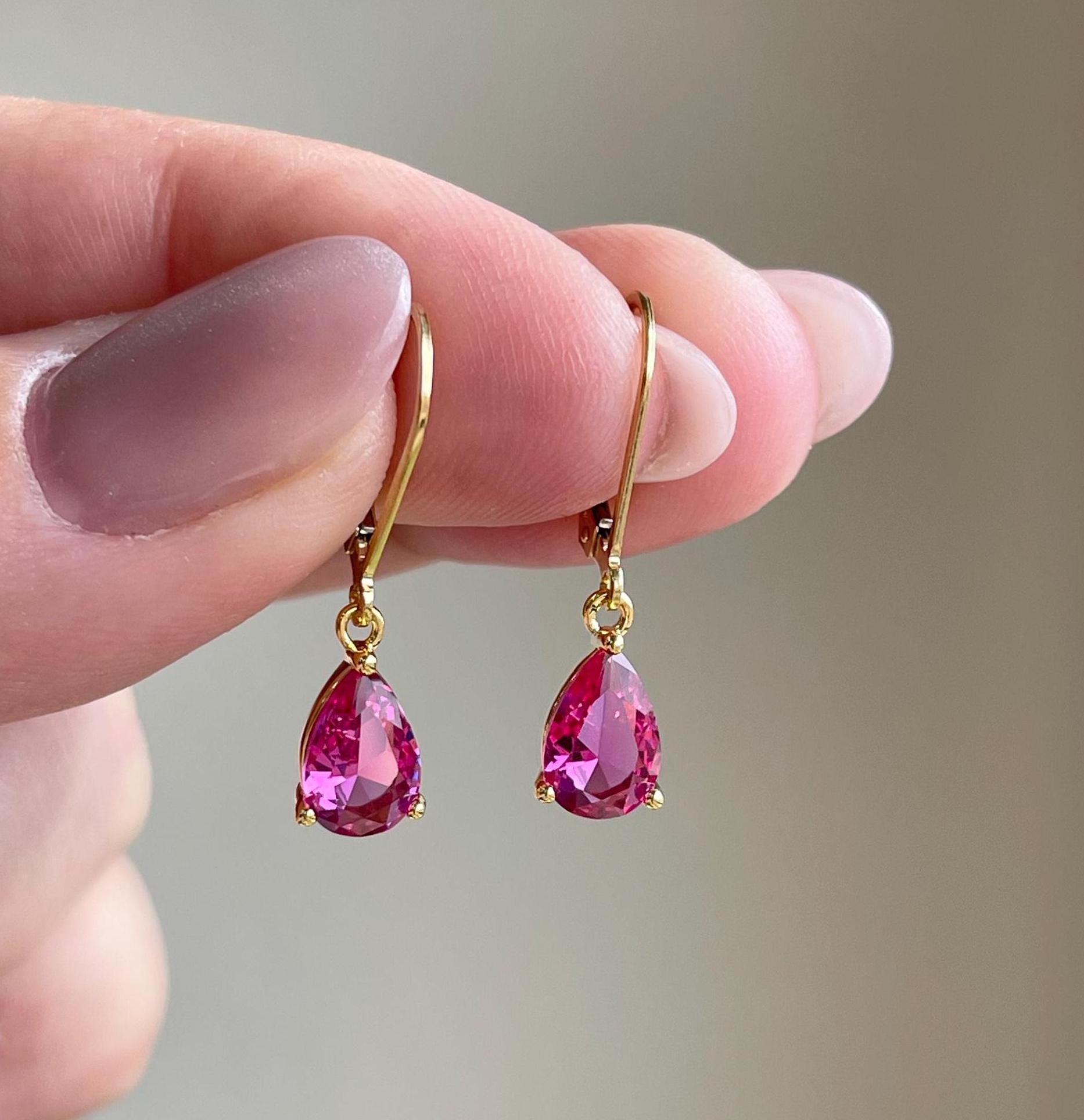 Pink Tourmaline Earrings, October Birthstone, Tiny Hot Pink Teardrop Earrings In Gold Or Silver, Pear Drop Fuchsia Small Jewelry For Women Pink Tourmaline Earrings, October Birthstone, Tiny Hot Pink Teardrop Earrings In Gold Or Silver, Pear Drop Fuchsia Small Jewelry For Women