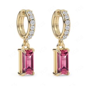 Radient Cut Pink Tourmaline Hoop Earrings For Her 14k Gold Earrings Unique Moissanite Hoop Earrings Art Deco Pink Tourmaline Wedding Earring