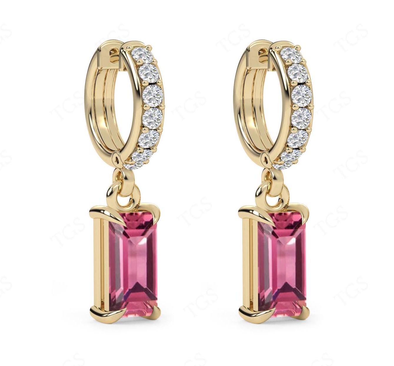 Radient Cut Pink Tourmaline Hoop Earrings For Her 14k Gold Earrings Unique Moissanite Hoop Earrings Art Deco Pink Tourmaline Wedding Earring