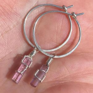 Raw Pink Tourmaline Crystal Sterling Silver Hoop Earrings: Wire Wrap Boho Jewelry