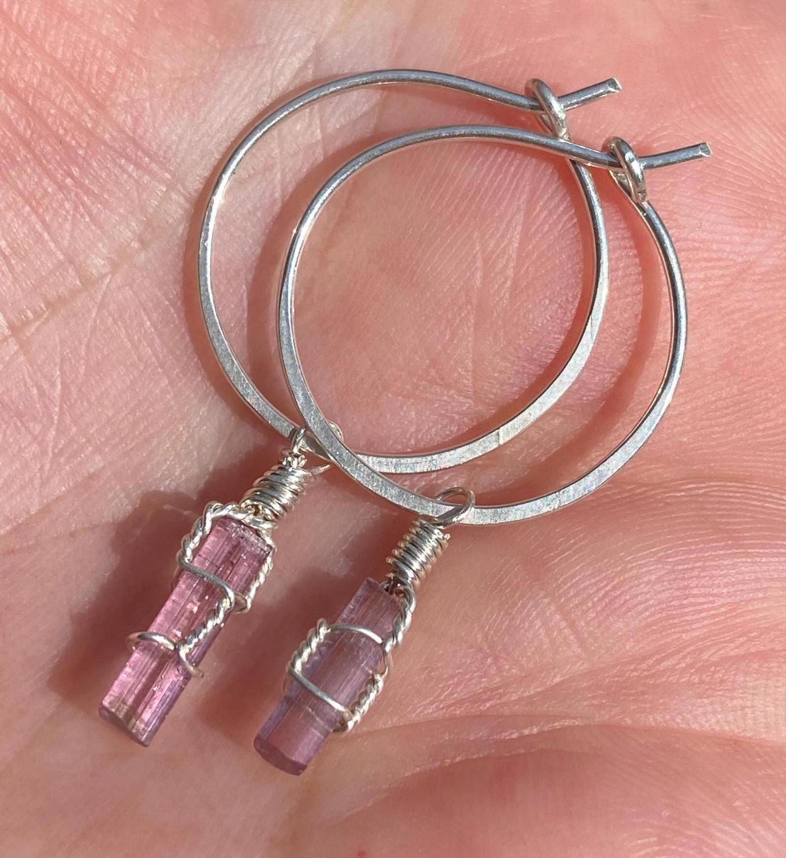 Raw Pink Tourmaline Crystal Sterling Silver Hoop Earrings: Wire Wrap Boho Jewelry