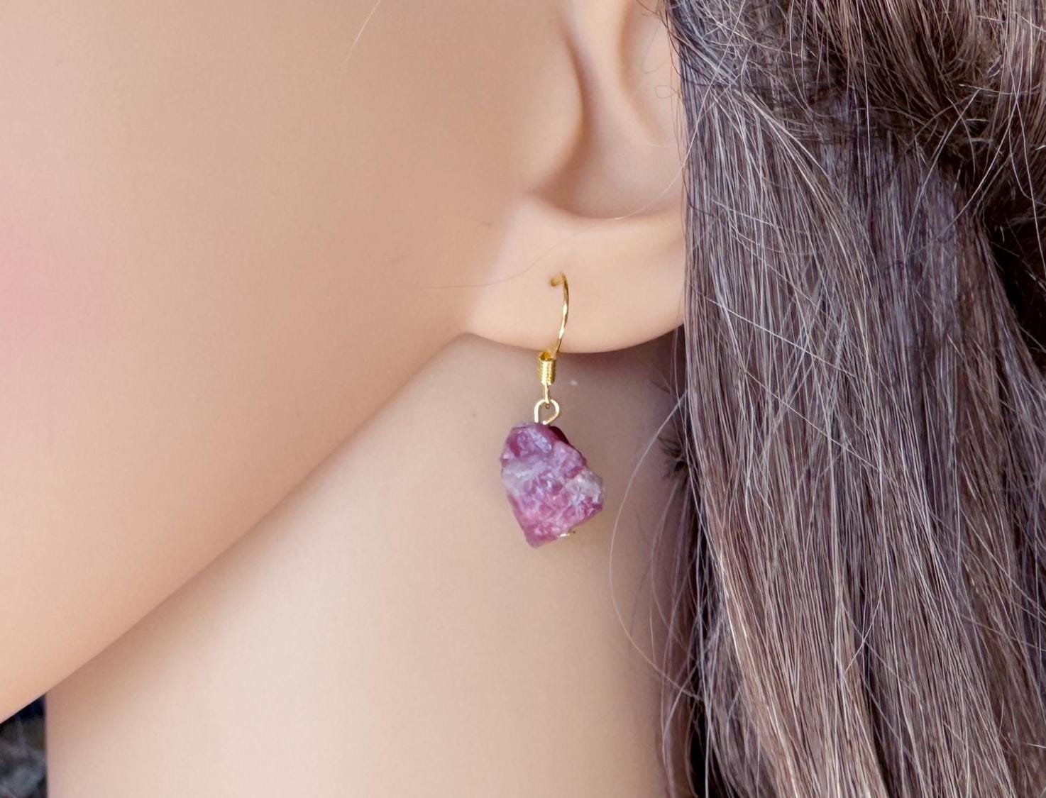 Raw Pink Tourmaline Earrings: Sterling Silver, October Birthstone