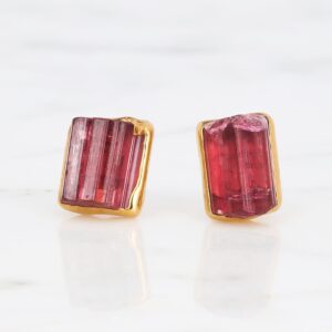 Raw Pink Tourmaline Stud Earrings: 24k Gold-Filled