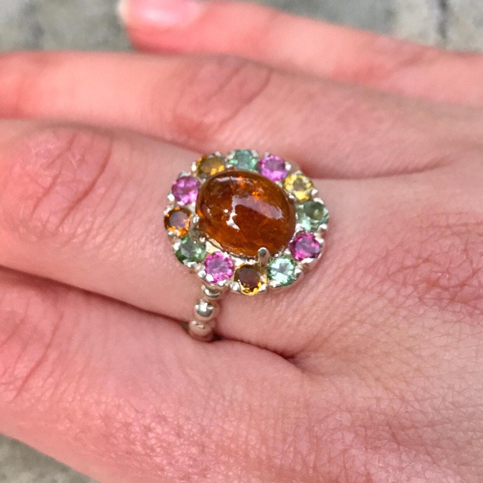 Tourmaline Ring, Natural Tourmaline, Yellow Flower Earrings, Pink Tourmaline, October Birthstone, Vintage Cocktail Ring, Rare By Adina