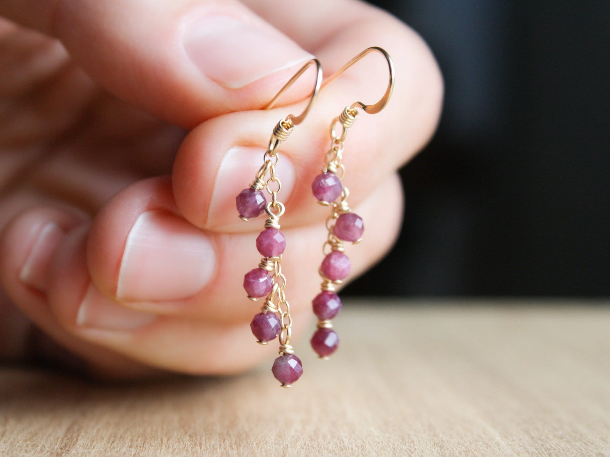 Rubellite Earrings: 14k Gold Filled Pink Tourmaline Dangle Cluster