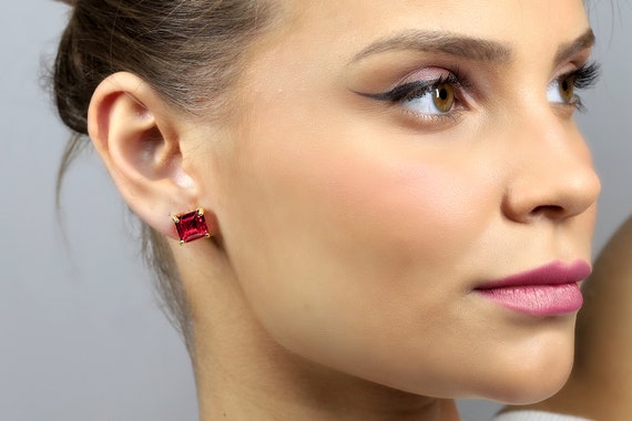 Square Cut Stud Pink Tourmaline Gold Filled Earrings · Gemstone Stud Post Earrings · 14k Gold Bridal Earrings
