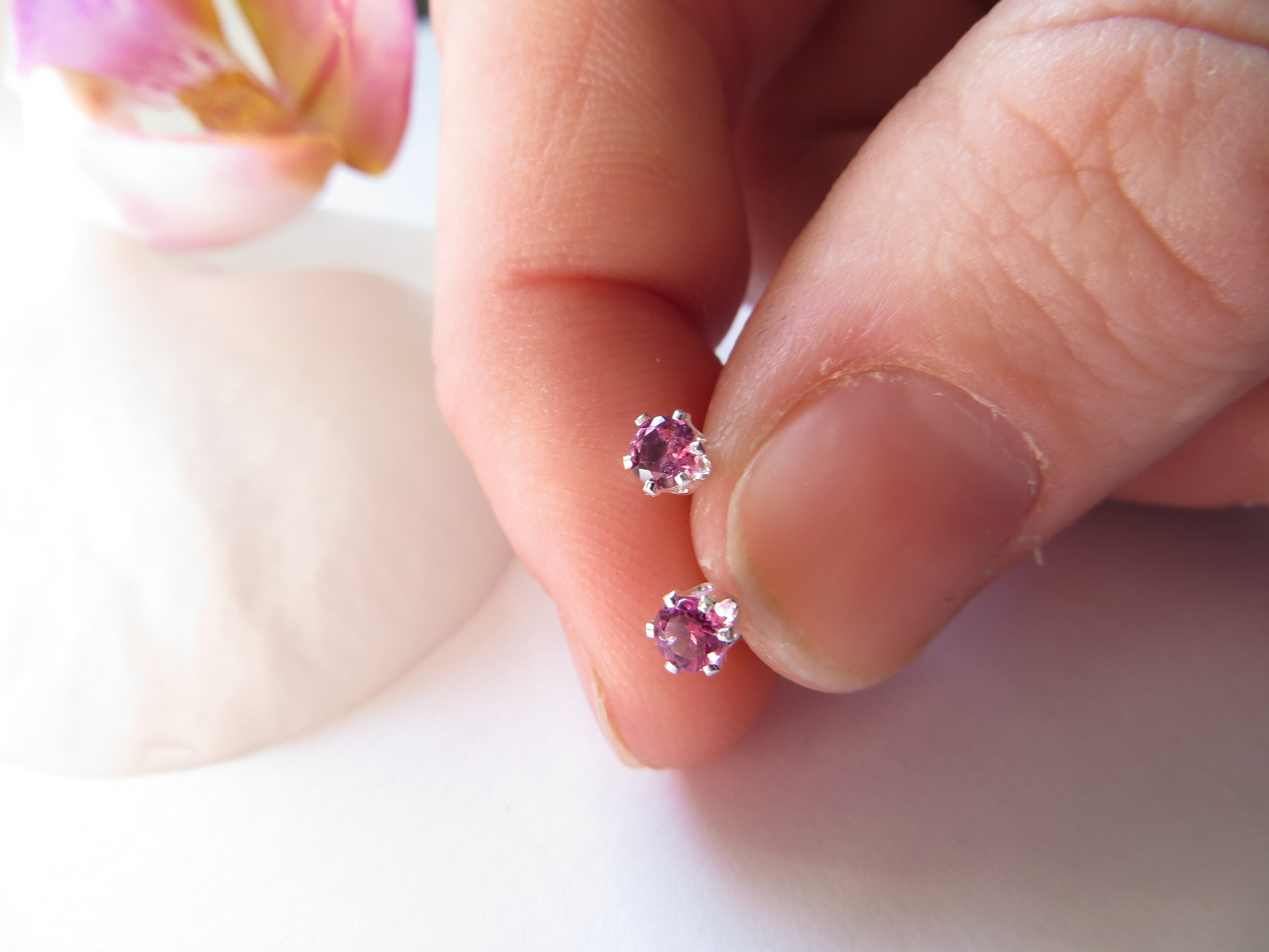 Pink Tourmaline Sterling Silver Stud Earrings, 3mm Gemstone