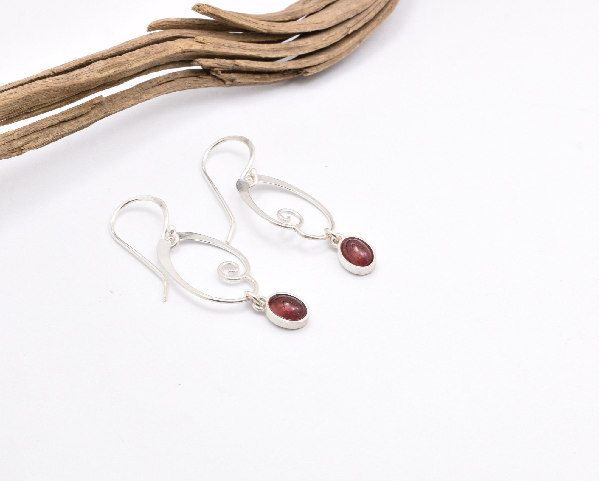 Tourmaline Earrings Sterling Silver Dangling Oval Pink Tourmaline From An Oval With Spiral