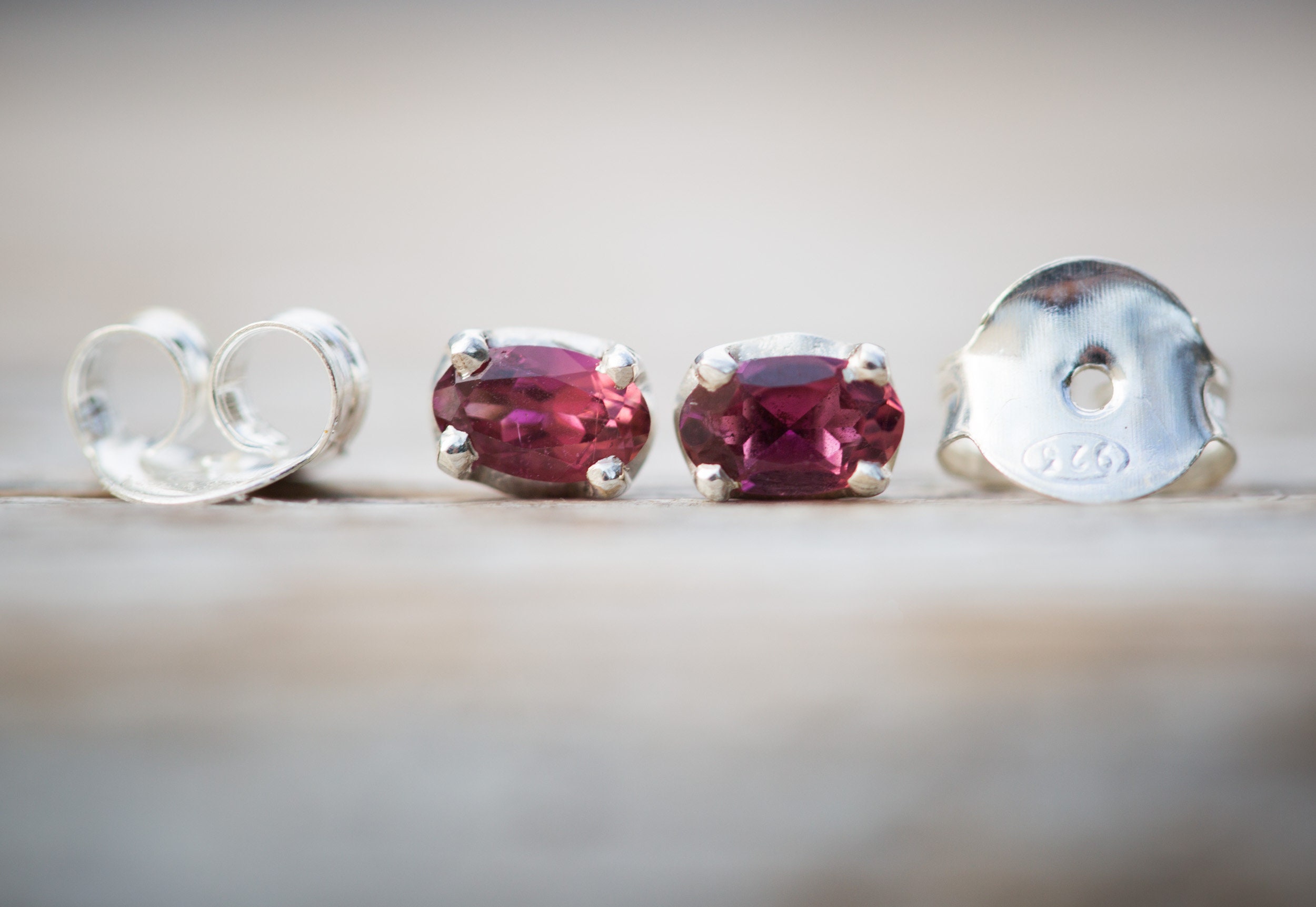 Pink Tourmaline Stud Earrings: 925 Sterling Silver Tiny Studs (6x4mm)