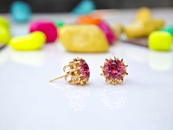 Pink Tourmaline Stud Earrings For Women Handmade Round Shape Earrings 14k Gold Tourmaline Gemstone Earrings Minimalist Bridal Stud Earrings