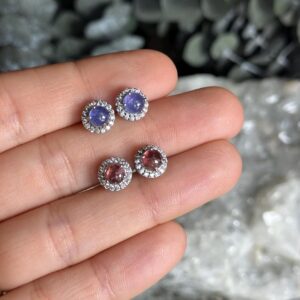 Tanaznite And Pink Tourmaline Crystal Stud Earrings, .925 Silver, Sterling Post Earring, Faceted
