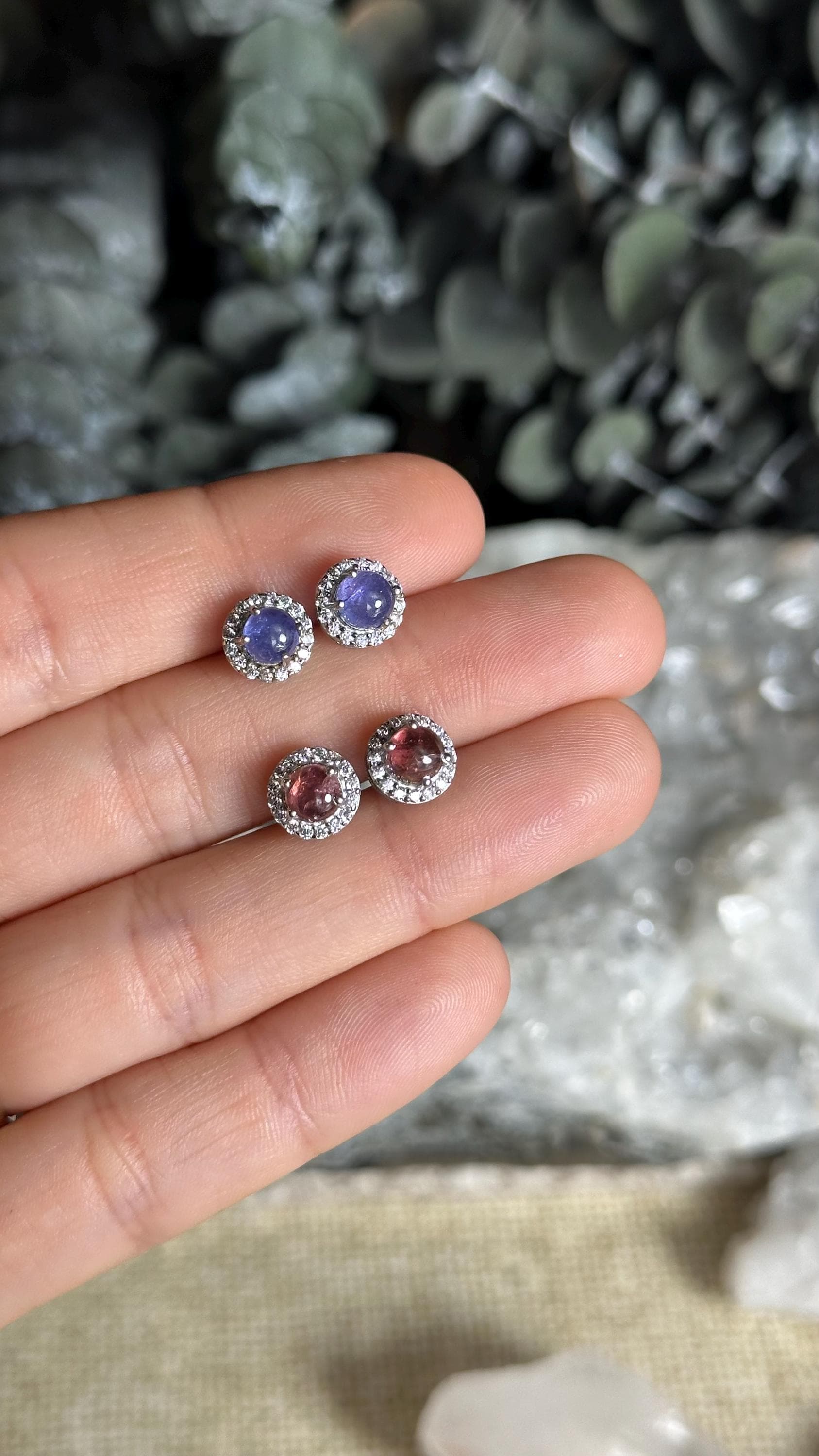 Tanaznite And Pink Tourmaline Crystal Stud Earrings, .925 Silver, Sterling Post Earring, Faceted