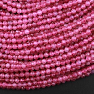 Aaa+ Micro Faceted Natural Pink Tourmaline Faceted 2mm 3mm 4mm Round Beads Diamond Cut Gemstone 15.5" Strand