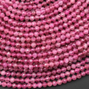 Aaa Micro Faceted Natural Pink Tourmaline Faceted 4mm Round Beads Diamond Cut Gemstone 15.5" Strand