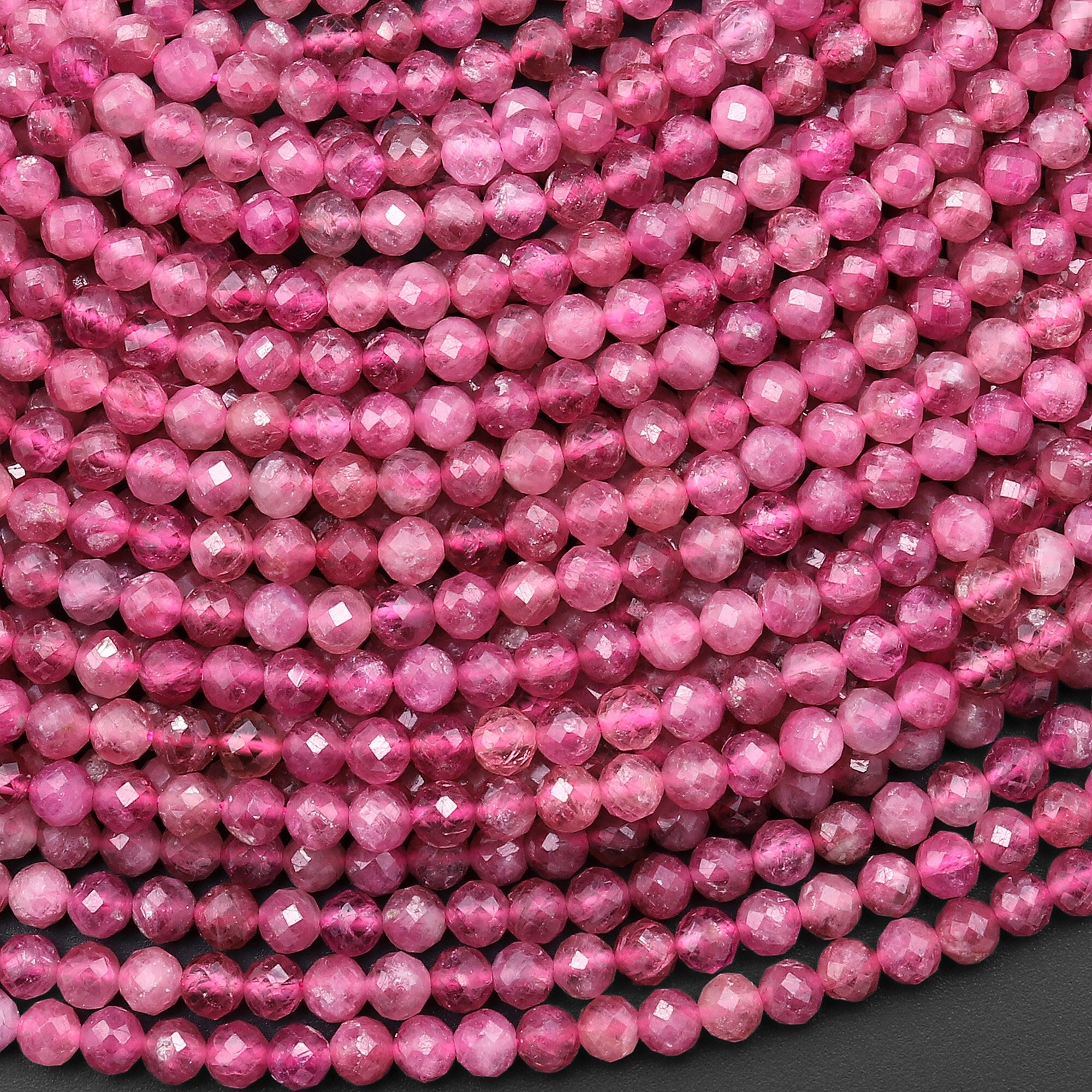 Aaa Micro Faceted Natural Pink Tourmaline Faceted 4mm Round Beads Diamond Cut Gemstone 15.5" Strand