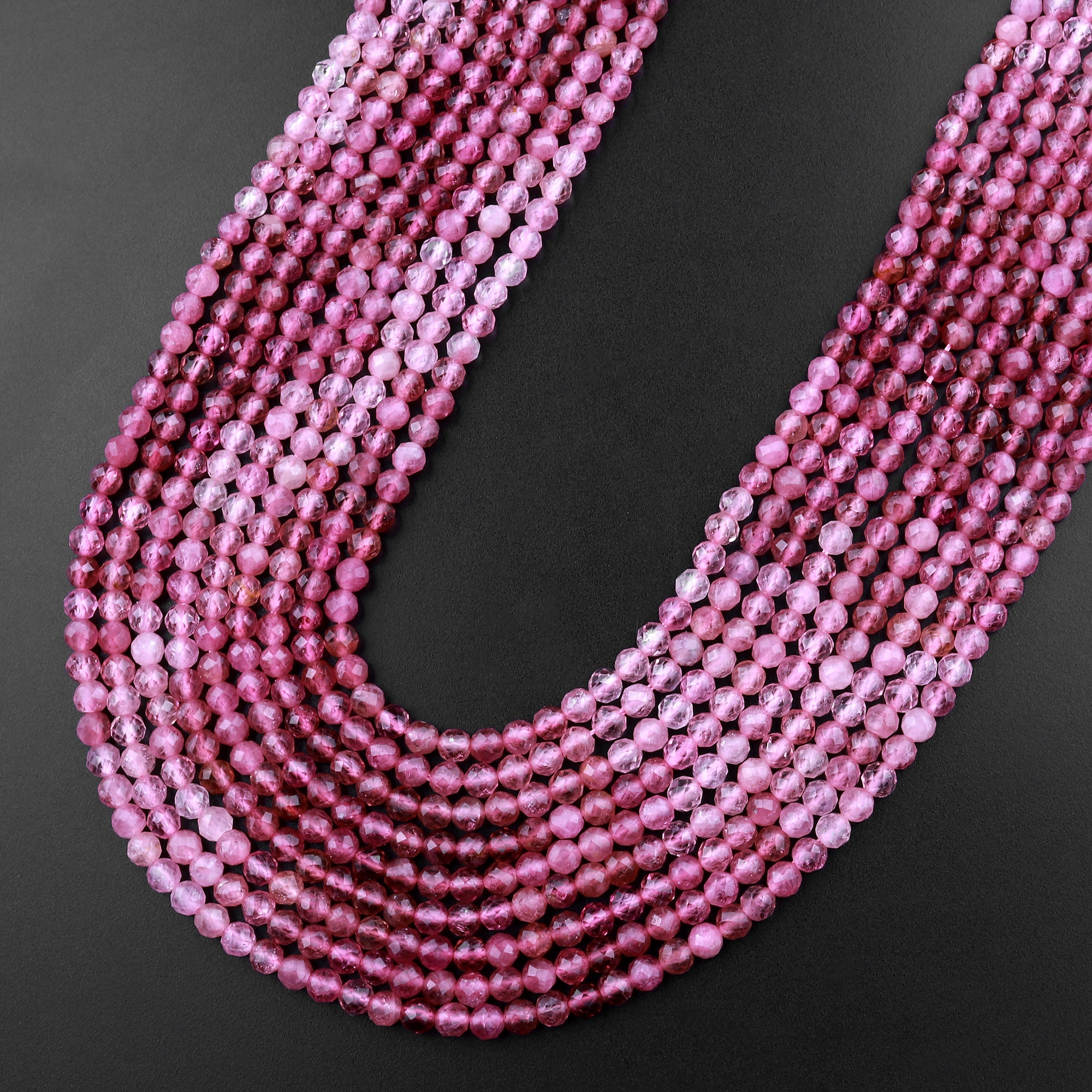 Aaa Micro Faceted Natural Pink Tourmaline Faceted 3mm Round Beads Gradient Shades 15.5" Strand