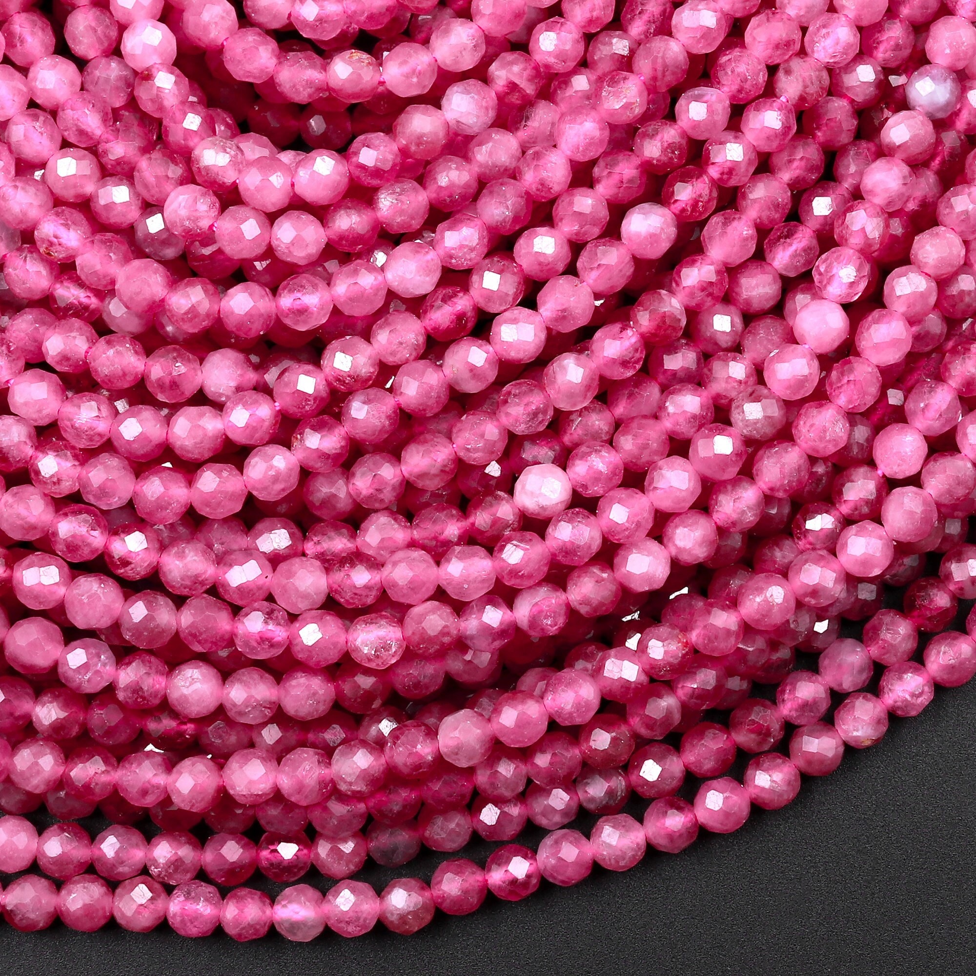 Aaa+ Micro Faceted Natural Pink Tourmaline Faceted 2mm 3mm 4mm Round Beads Diamond Cut Gemstone 15.5" Strand