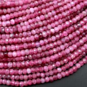 Aaa Faceted Natural Pink Tourmaline Rondelle 3mm 4mm Beads Diamond Cut Gemstone 15.5" Strand
