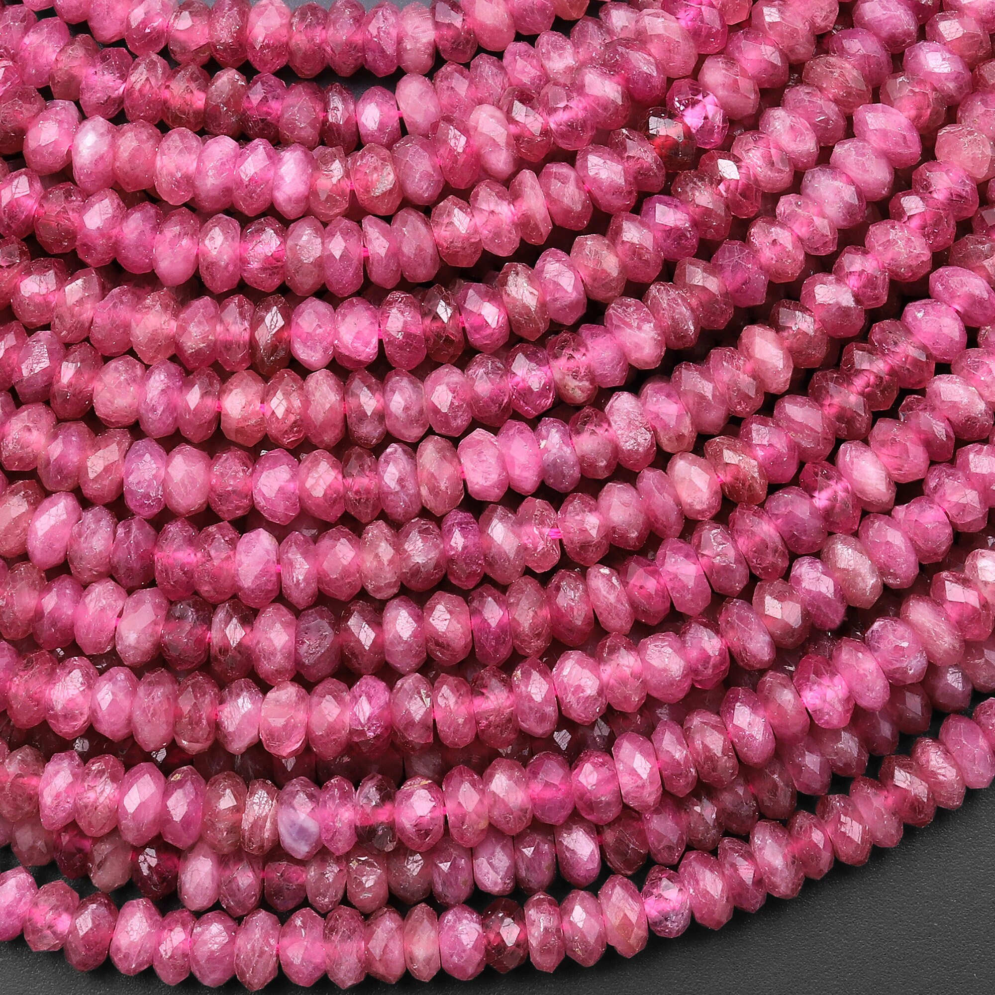 Aaa Faceted Natural Pink Tourmaline Thin Rondelle 4mm Beads Micro Diamond Cut Gemstone 15.5" Strand