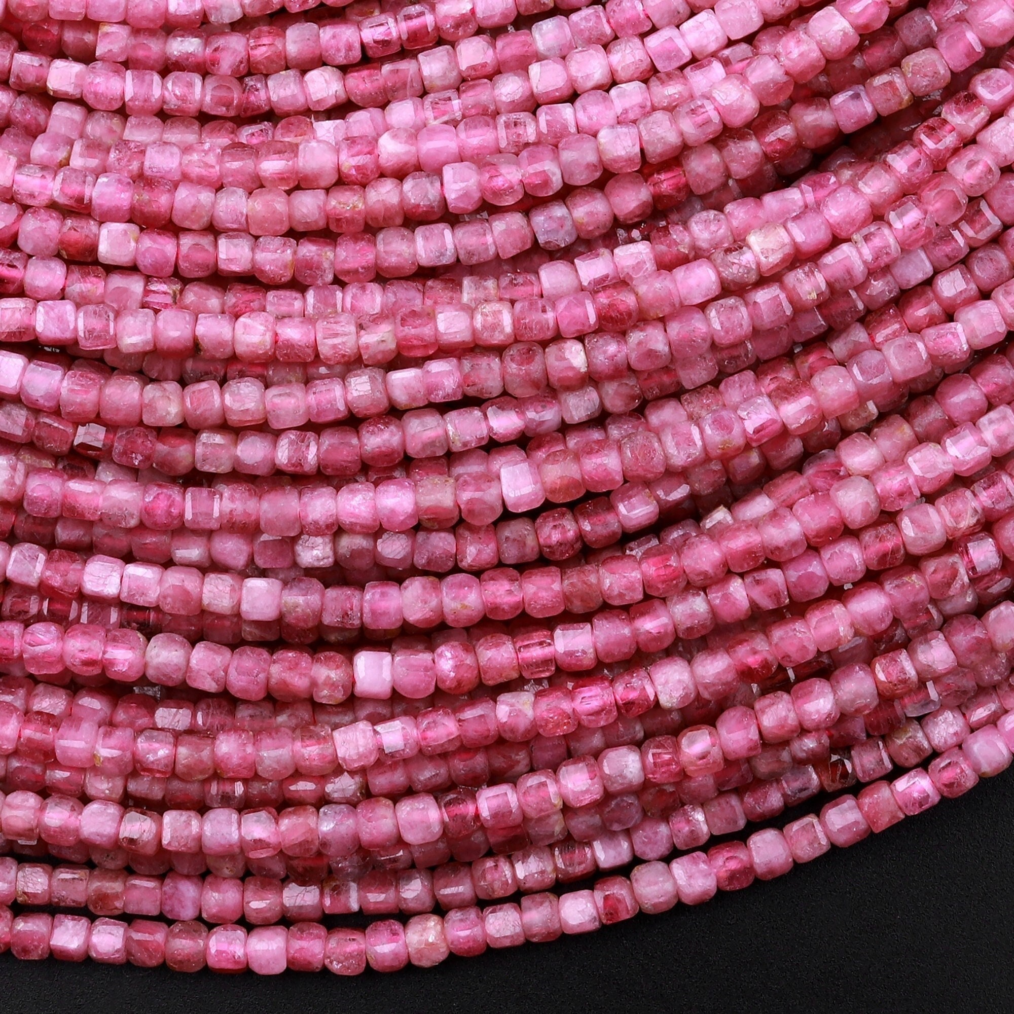 Aaa Natural Pink Tourmaline Faceted 2mm 3mm Cube Square Dice Beads Gemstone 15.5" Strand