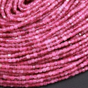 Aaa Natural Pink Tourmaline Faceted 2mm 3mm Cube Square Dice Beads Gemstone 15.5" Strand