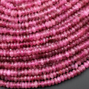 Aaa Faceted Natural Pink Tourmaline Thin Rondelle 4mm Beads Diamond Cut Gemstone 15.5" Strand