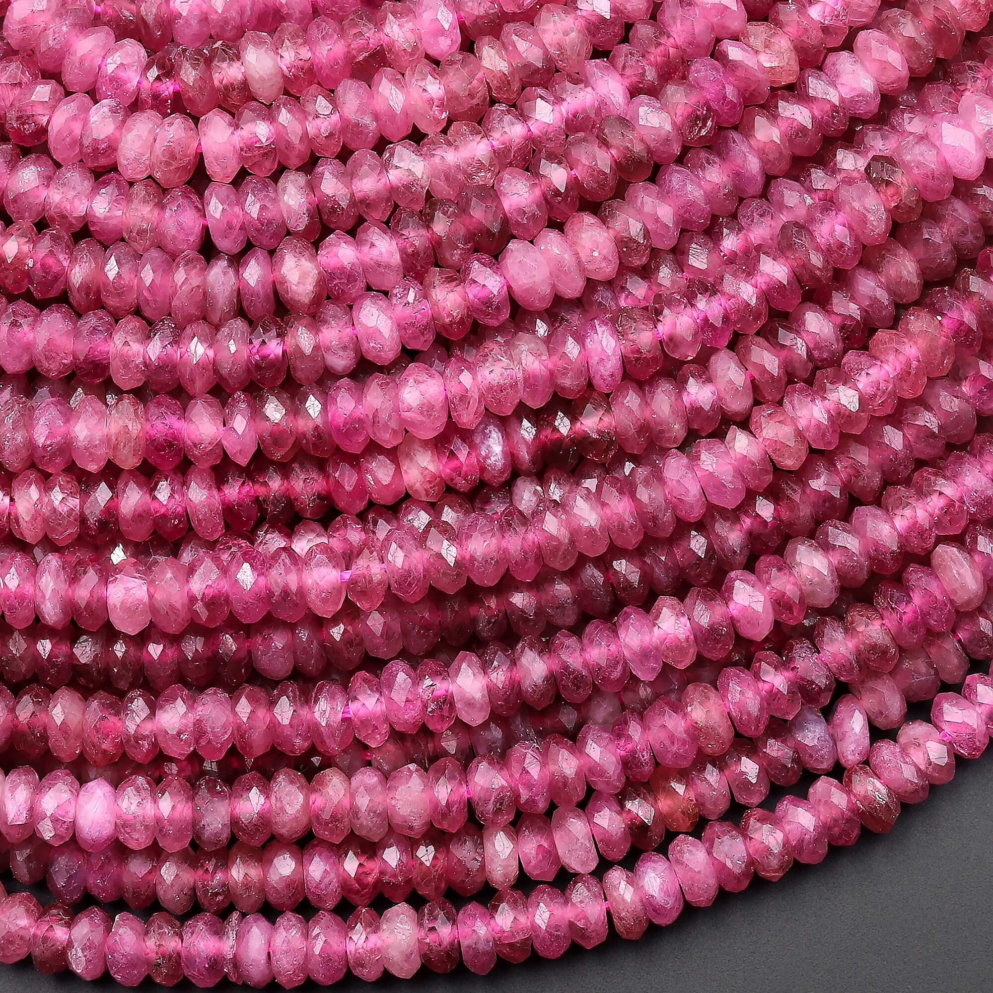 Aaa Faceted Natural Pink Tourmaline Thin Rondelle 4mm Beads Diamond Cut Gemstone 15.5" Strand