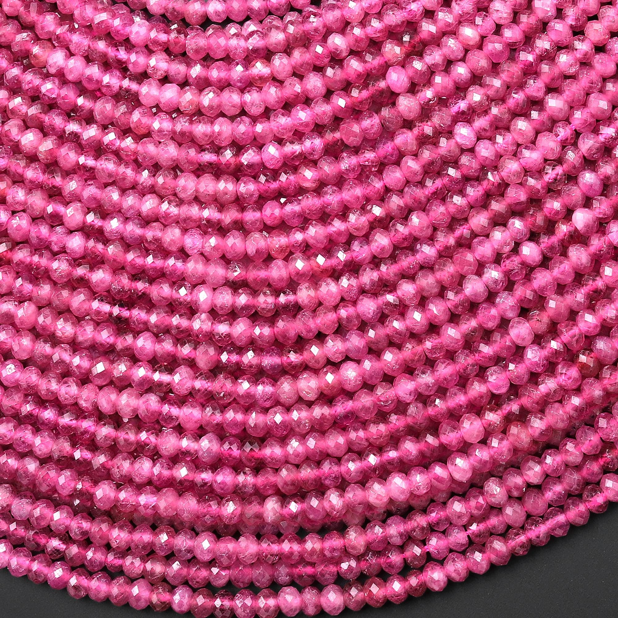 Aaa Translucent Faceted Natural Pink Tourmaline Rondelle 3mm 4mm Beads Diamond Cut Gemstone 15.5" Strand
