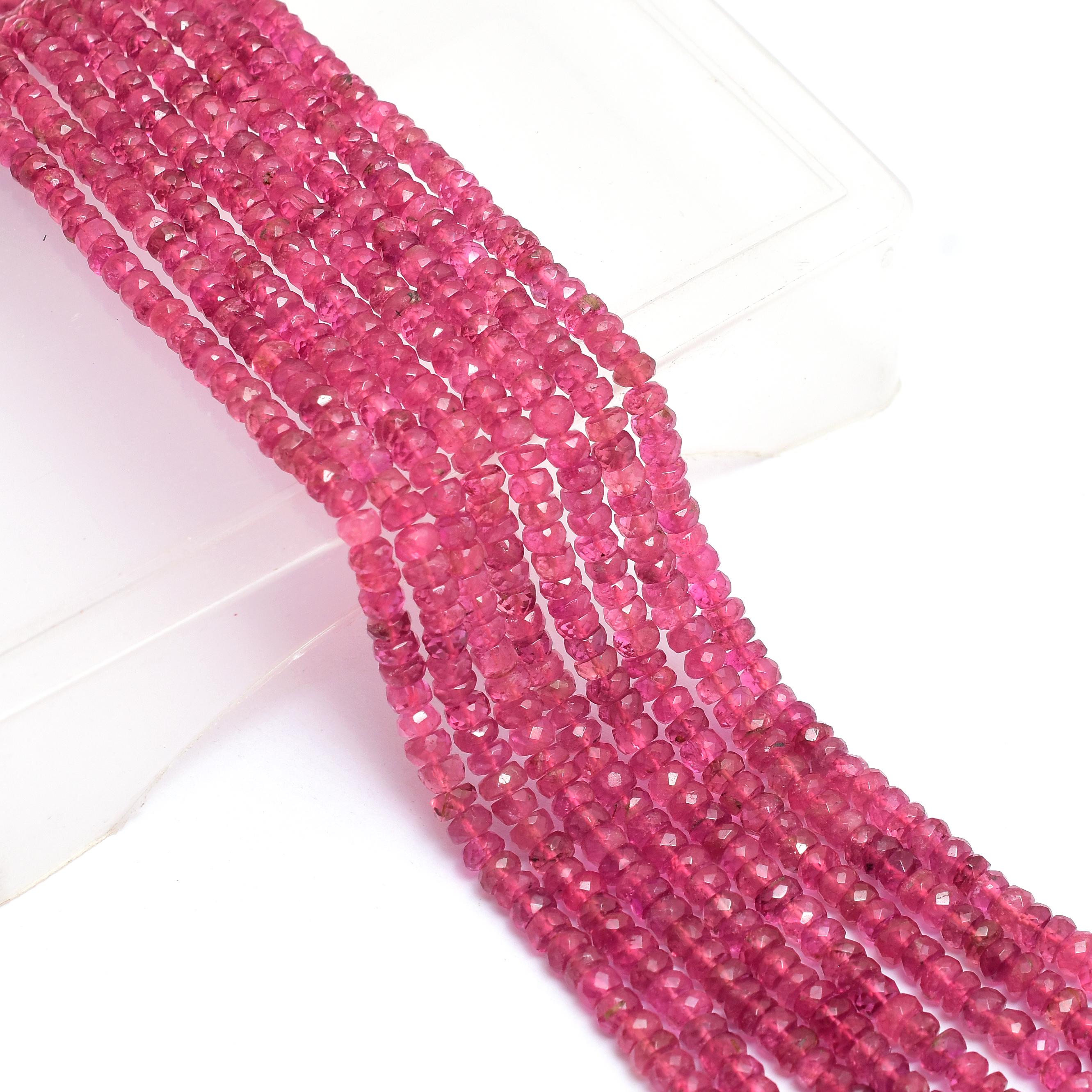Aaaa+ Pink Tourmaline 3mm-4mm Hand Cut Faceted Rondelle Beads | 16inch Strand | Natural Rubellite Precious Gemstone Beads For Jewelry