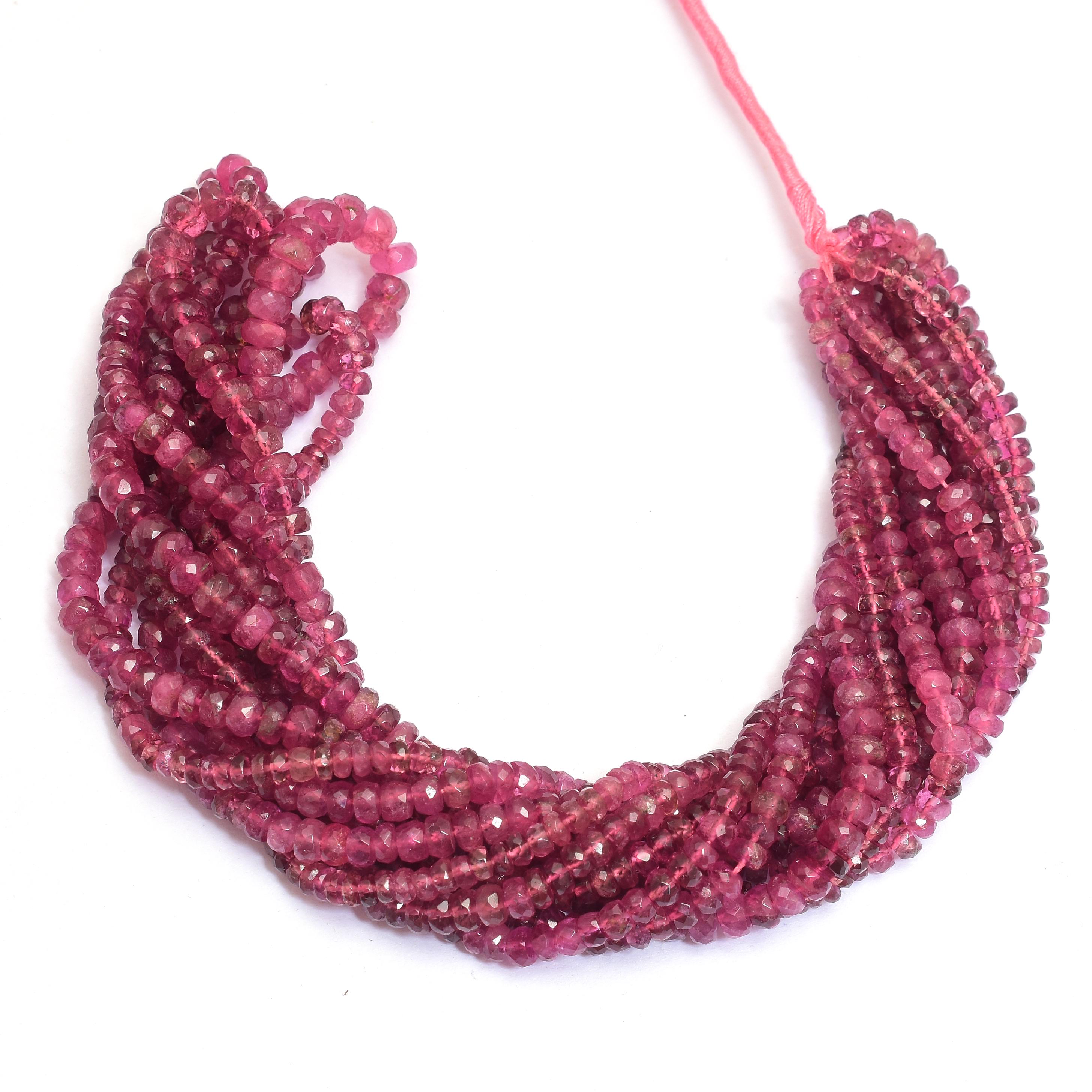 Natural Pink Tourmaline 3mm-5mm Rondelle Faceted Beads | 16inch Strand | Rubellite Pink Tourmaline Precious Gemstone Loose Beads For Jewelry