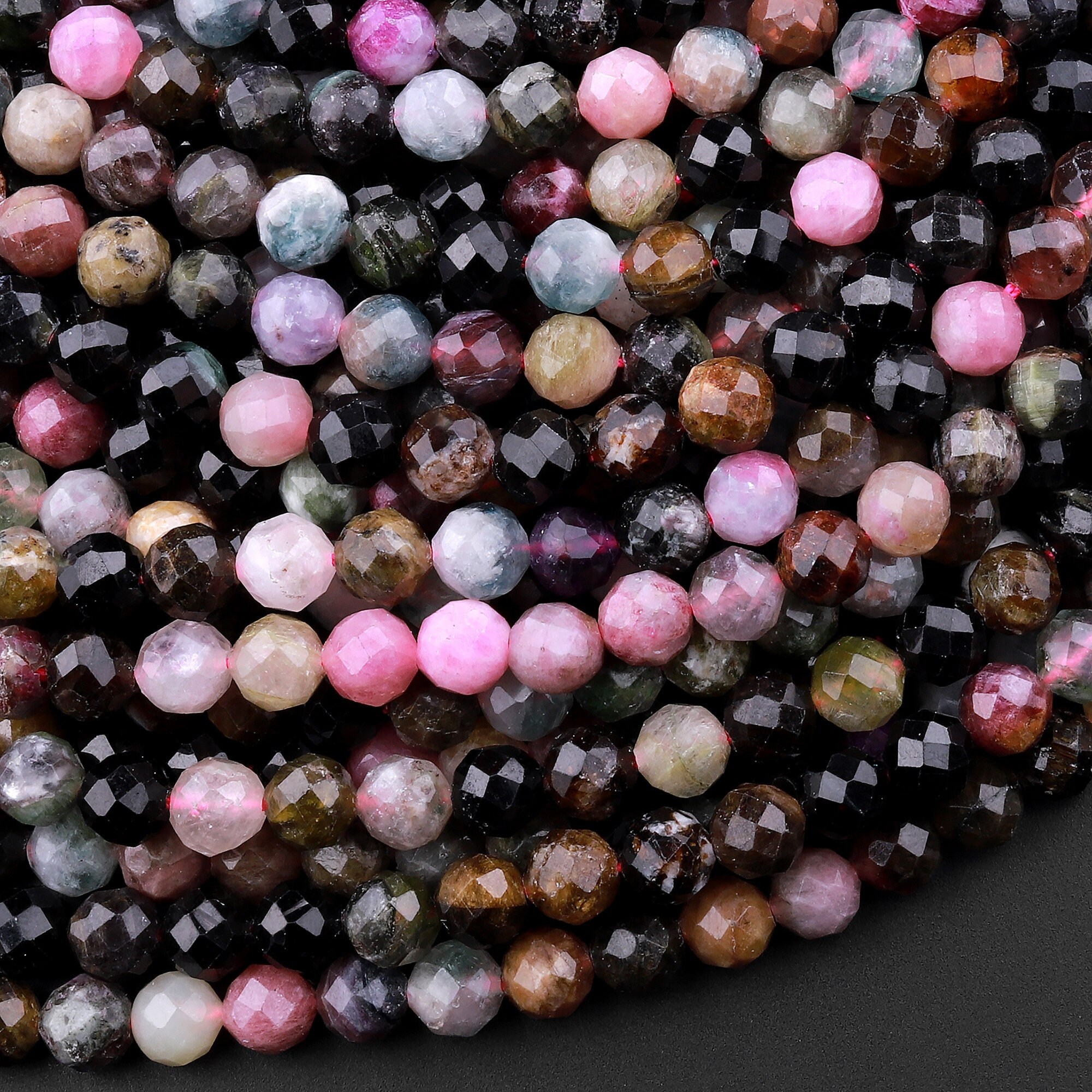 Faceted Natural Green Pink Tourmaline Round Beads 6mm 15.5" Strand