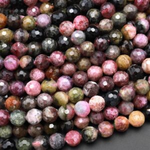 Faceted Natural Green Pink Tourmaline Round Beads 6mm 15.5" Strand