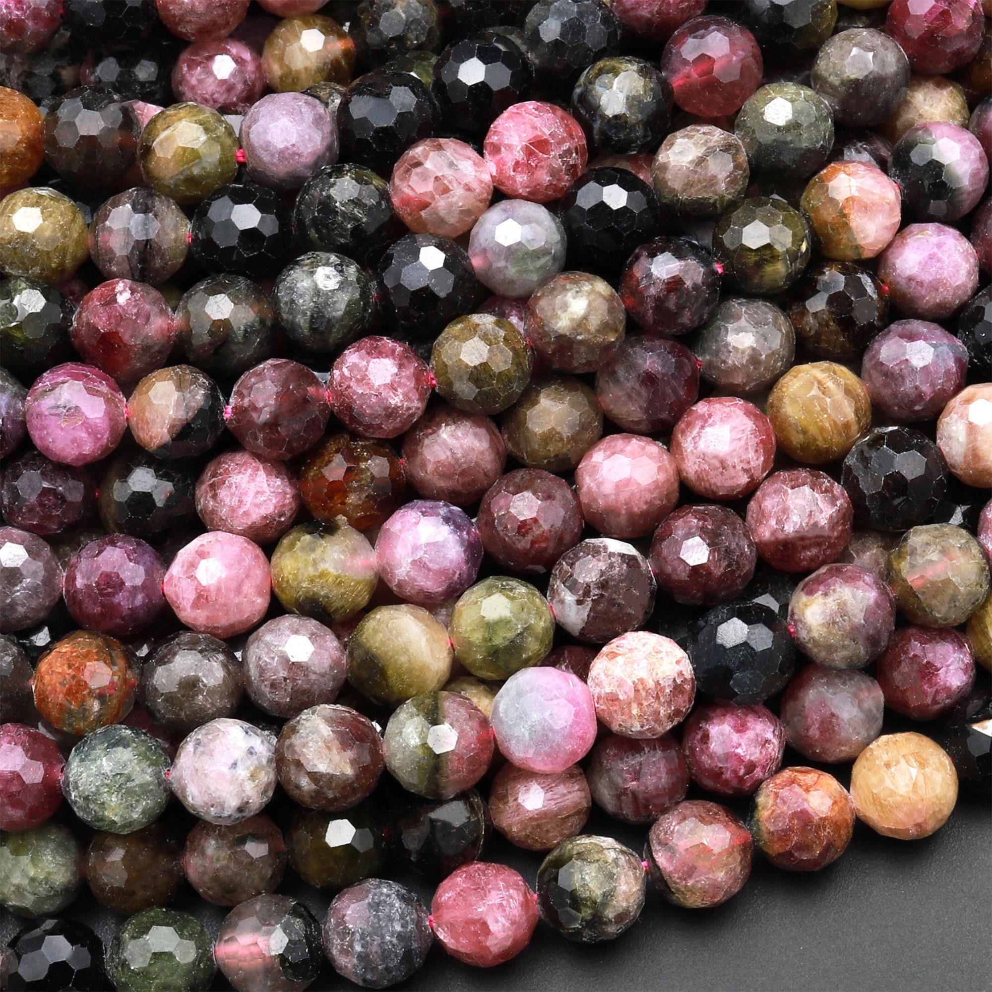 Faceted Natural Green Pink Tourmaline Round Beads 6mm 15.5" Strand