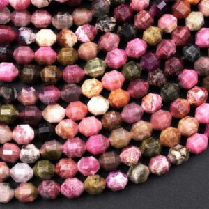 Natural Multicolor Green Pink Tourmaline Faceted 6mm Beads Energy Prism Double Terminated Points 15.5" Strand