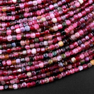 Natural Red Pink Tourmaline Faceted 3mm Cube Square Dice Beads Gemstone 15.5" Strand