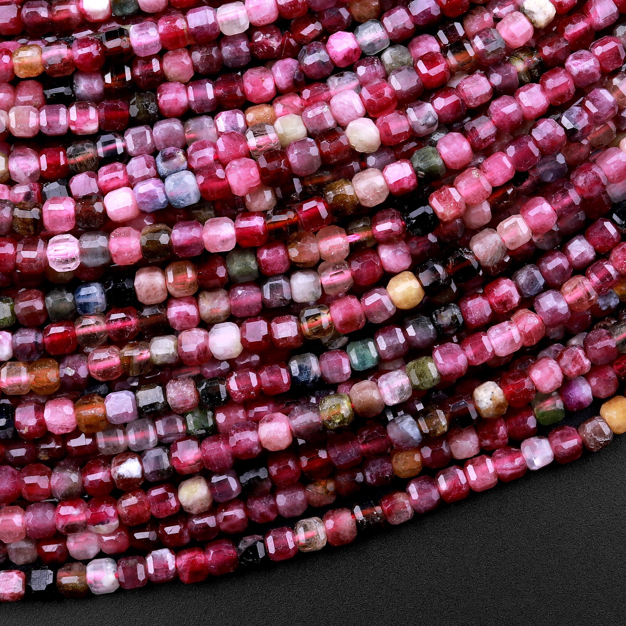 Natural Red Pink Tourmaline Faceted 3mm Cube Square Dice Beads Gemstone 15.5" Strand