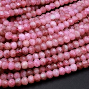 Faceted Natural Pink Tourmaline Rondelle 3mm 4mm Beads Diamond Cut Gemstone 15.5" Strand