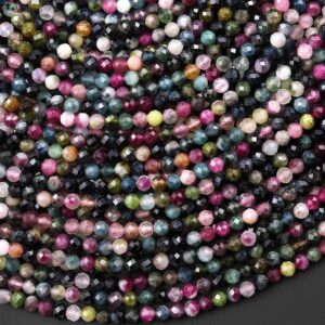 Natural Rubellite Fuchsia Pink Tourmaline Blue Paraiba Tourmaline Faceted 3mm 4mm Round Multicolor Gemstone Beads 15.5" Strand
