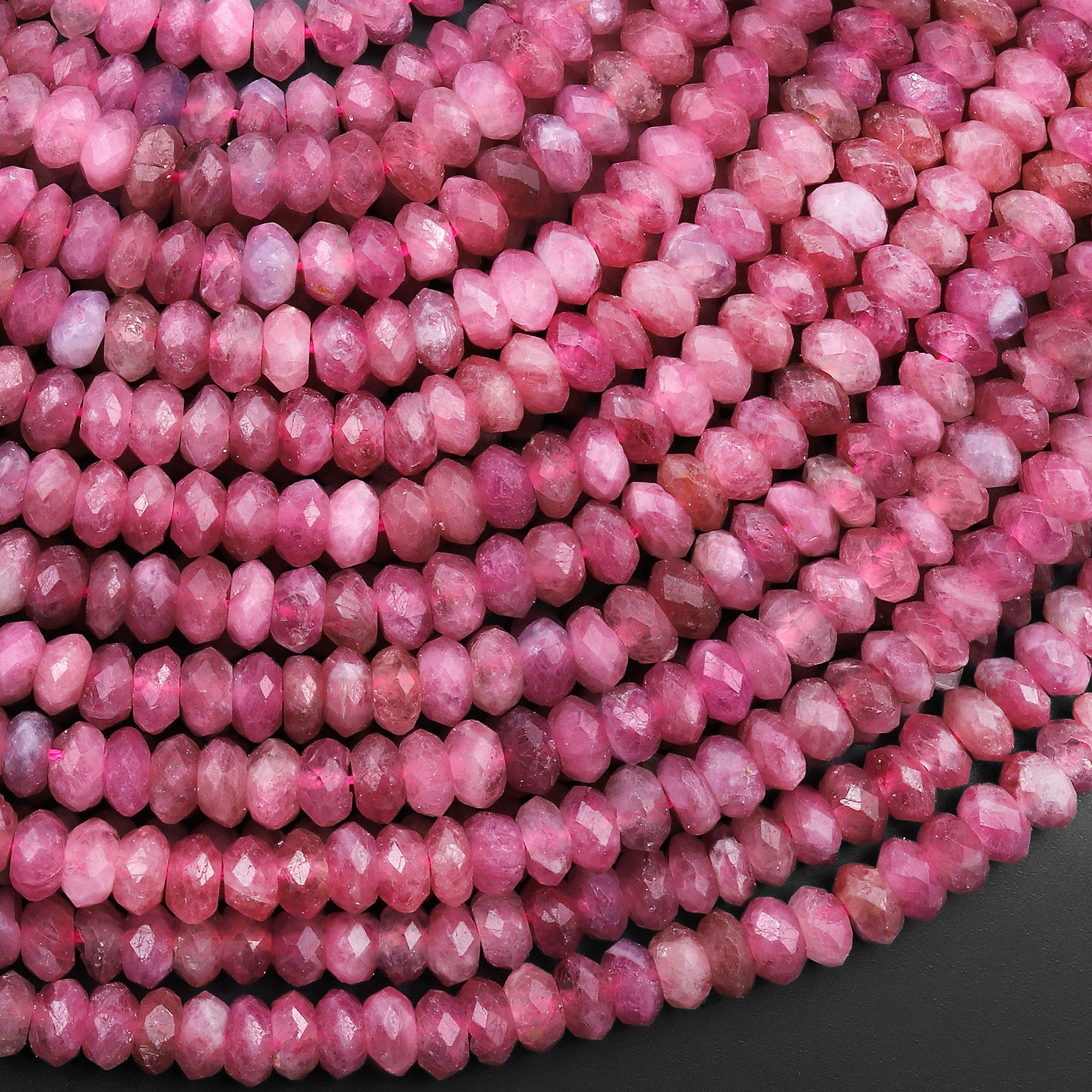 Faceted Natural Pink Tourmaline Thin Rondelle 4mm Beads Laser Diamond Cut Gemstone 15.5" Strand