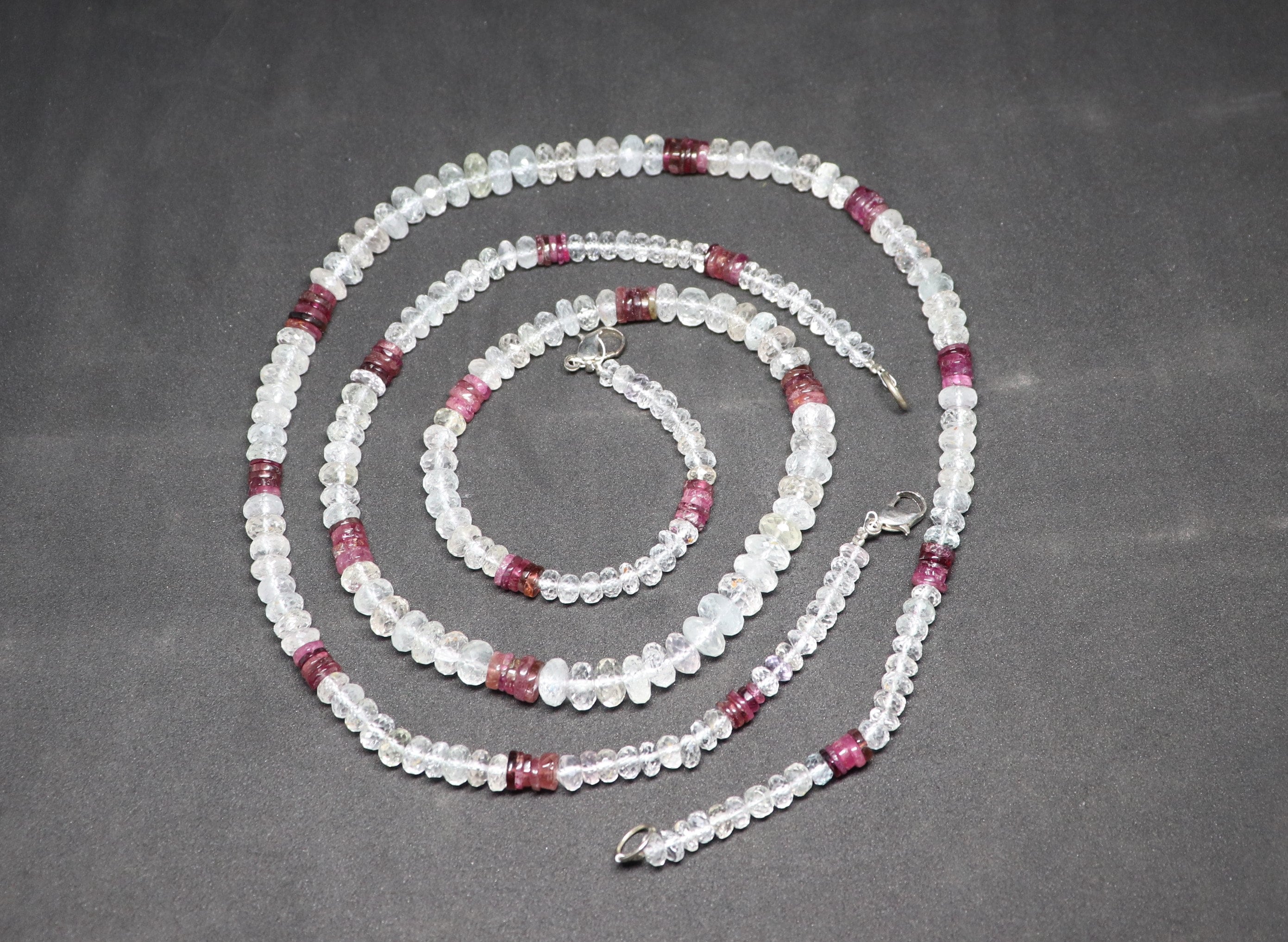 Aaa Natural 17 Inch+ Fish Lock White Topaz+ Pink Tourmaline Faceted Rondelle Beads Designer Necklace, 5-7 Mm White Topaz+ Pink Tourmaline