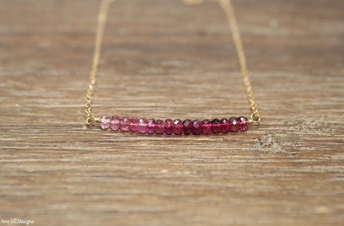 Pink Tourmaline Bar Necklace, Gold Filled, Minimal, Pink Tourmaline Jewelry, Ombre Necklace, Gemstone Jewelry, October Birthstone