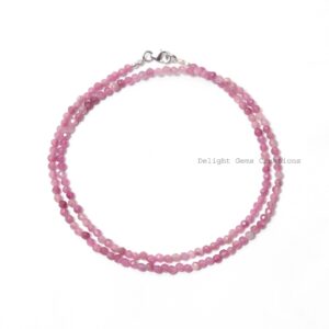 Pink Tourmaline Beaded Necklace, 925 Sterling Silver, Faceted Round (3mm)