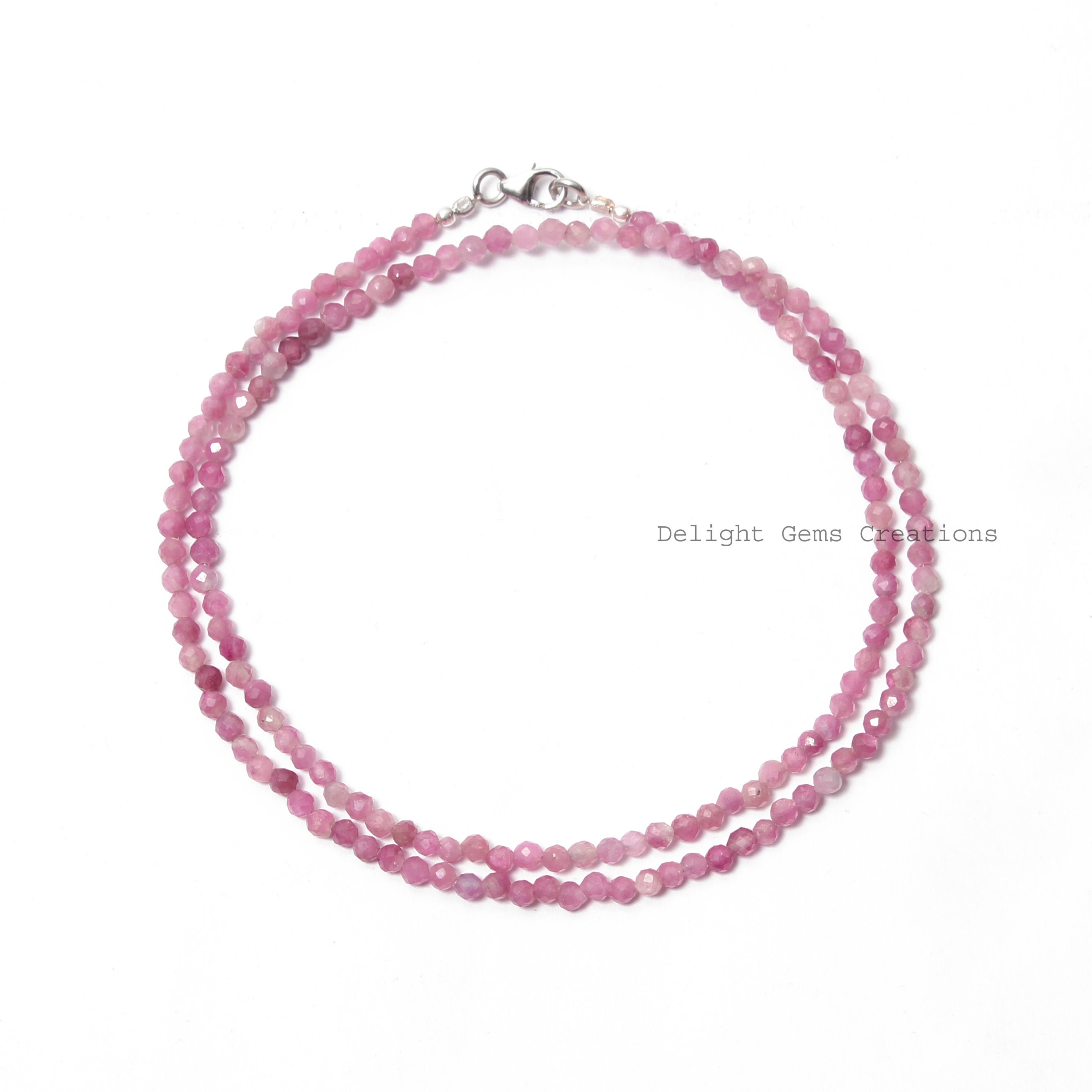 Pink Tourmaline Beaded Necklace, 925 Sterling Silver, Faceted Round (3mm)