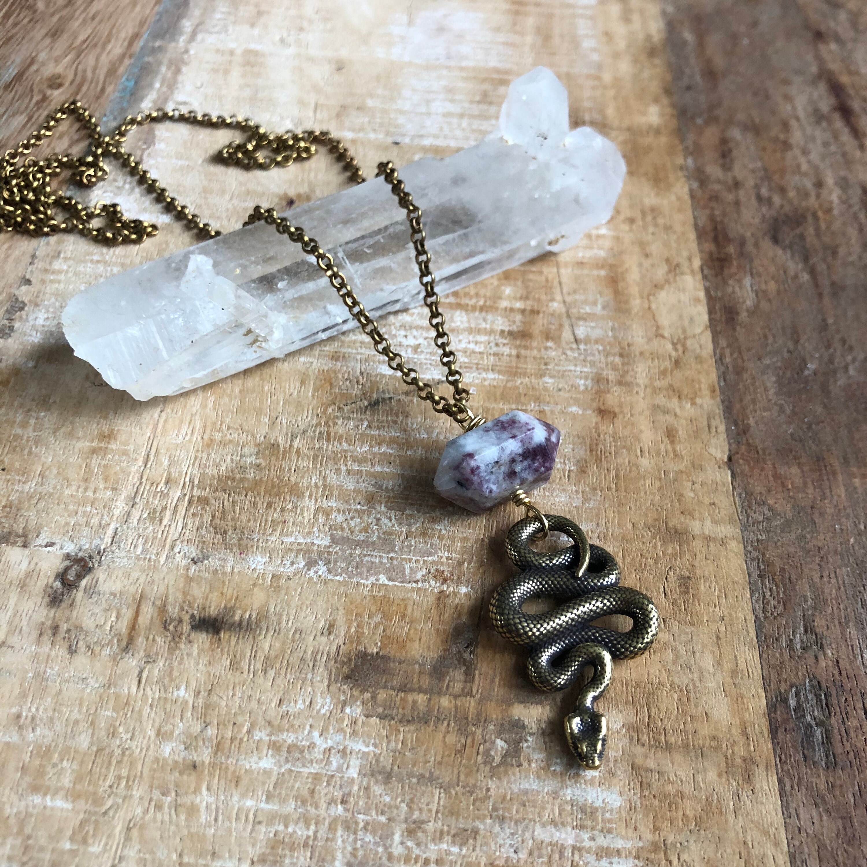 Brass Snake Necklace With Pink Tourmaline