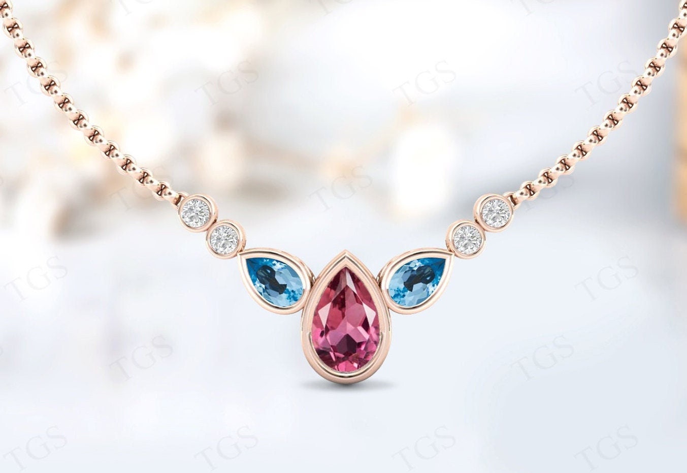 Pink Tourmaline Necklace For Women Rose Gold Pink Tourmaline Wedding Necklace For Her Art Deco Tear Drop Necklace Anniversary Gift For Wife