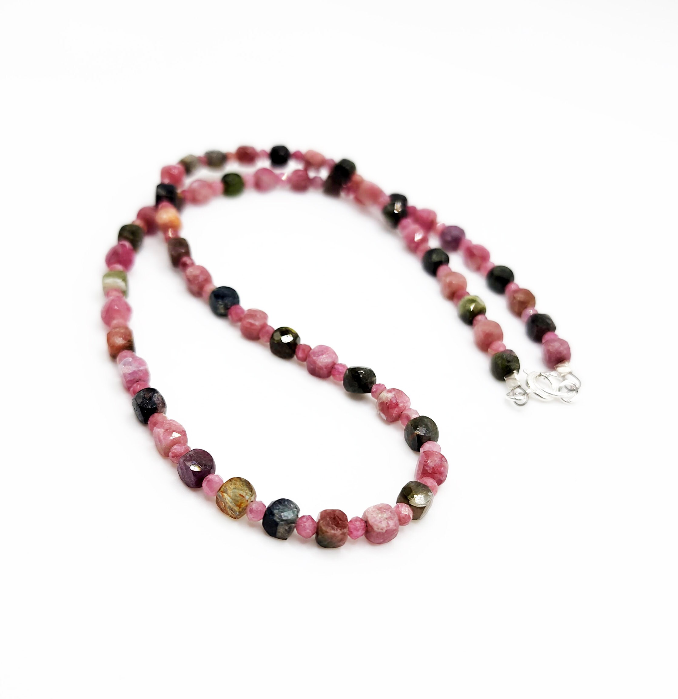 Pink Tourmaline Gemstone Beaded Choker Necklace Sterling Silver, 17 Inch Dainty Pink And Black Necklace, Tiny Cube Shape Layering Necklace