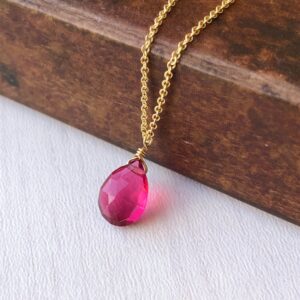 Pink Tourmaline Necklace, Hot Fuchsia Gold Necklace, October Birthstone, Simple Hot Pink Tiny Drop Necklace, Dainty Delicate Gift for her